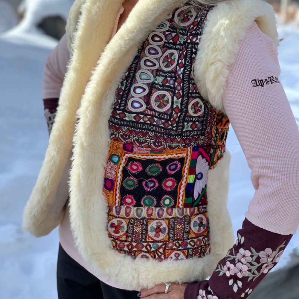 Colorful Sherpa style vest with mirror accents